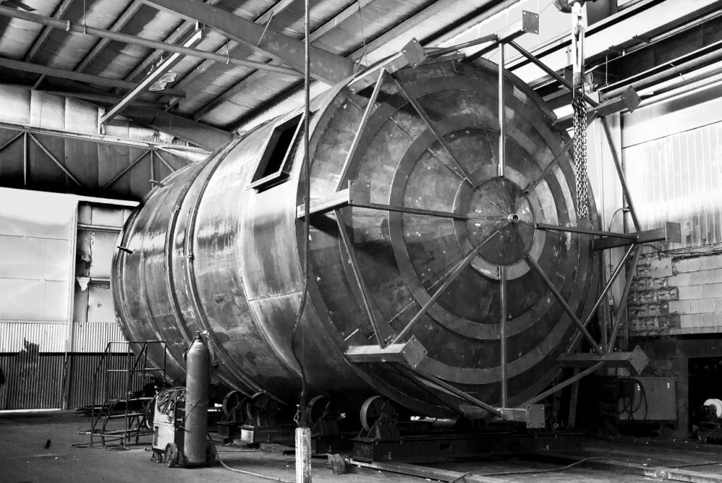 BW photo of a large tank being made at Ward Industrial Equipment Inc