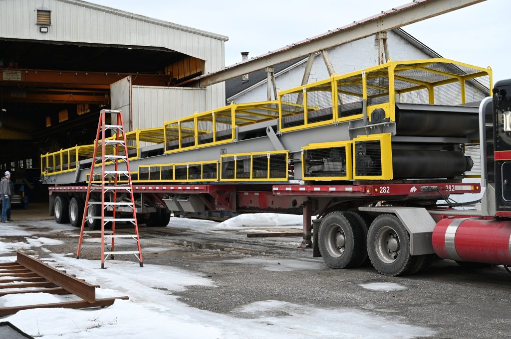 84 inch wide portable belt conveyor for steel mill scrap handling, fully guarded and prepared for shipment